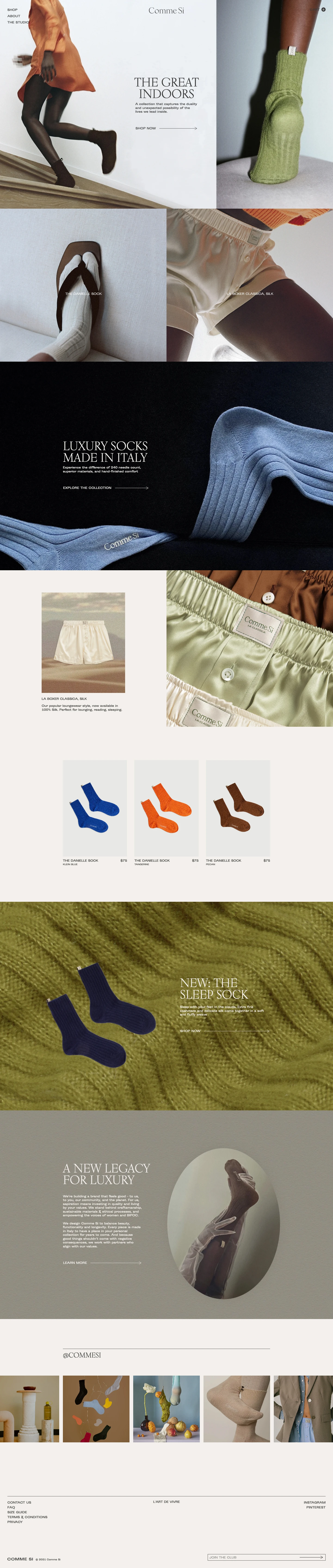 Comme Si Landing Page Example: Refined socks that are both functional and beautiful. Made in Italy from the highest quality natural materials like cashmere, silk, merino wool, cotton. Enjoy a little luxury and upgrade your sock drawer.