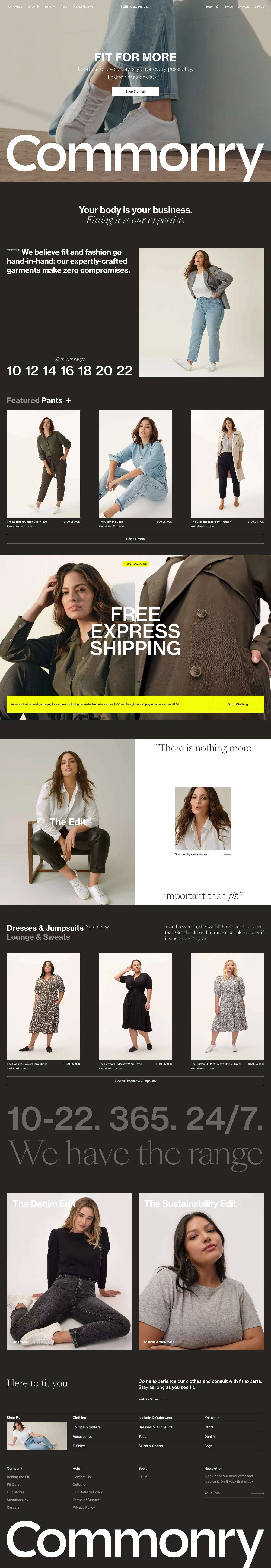 Commonry Landing Page Example: Everyday fashion in sizes 10-22, developed by experts in fit. Clothes for every day, style for every possibility.