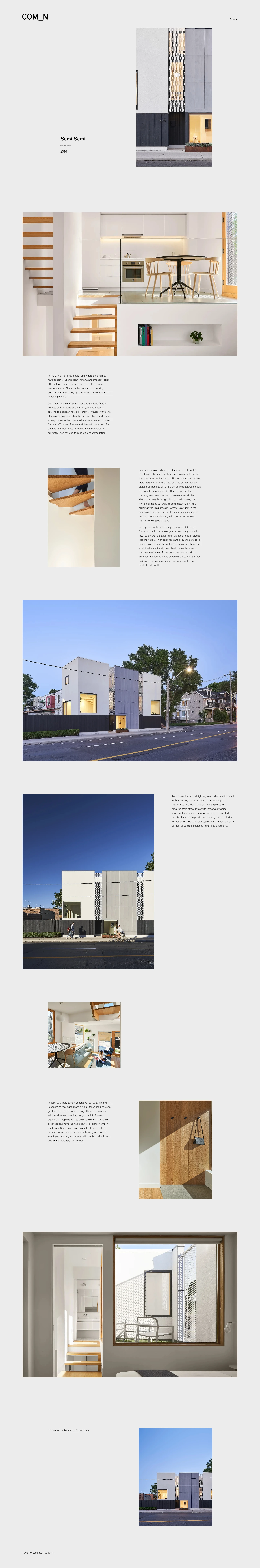COMN Architects Landing Page Example: COMN Architects is an award winning design firm practicing architecture and interior design. Based in Toronto, the studio specializes in commercial and residential projects.