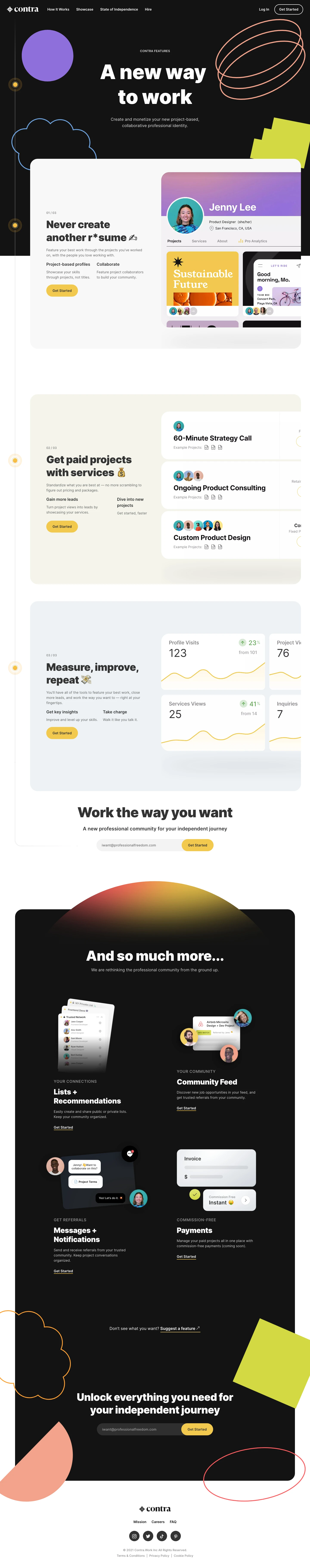 Contra Landing Page Example: Contra is a new professional community for your independent journey. Everything you need to find remote, freelance and flexible work from your own trusted network.