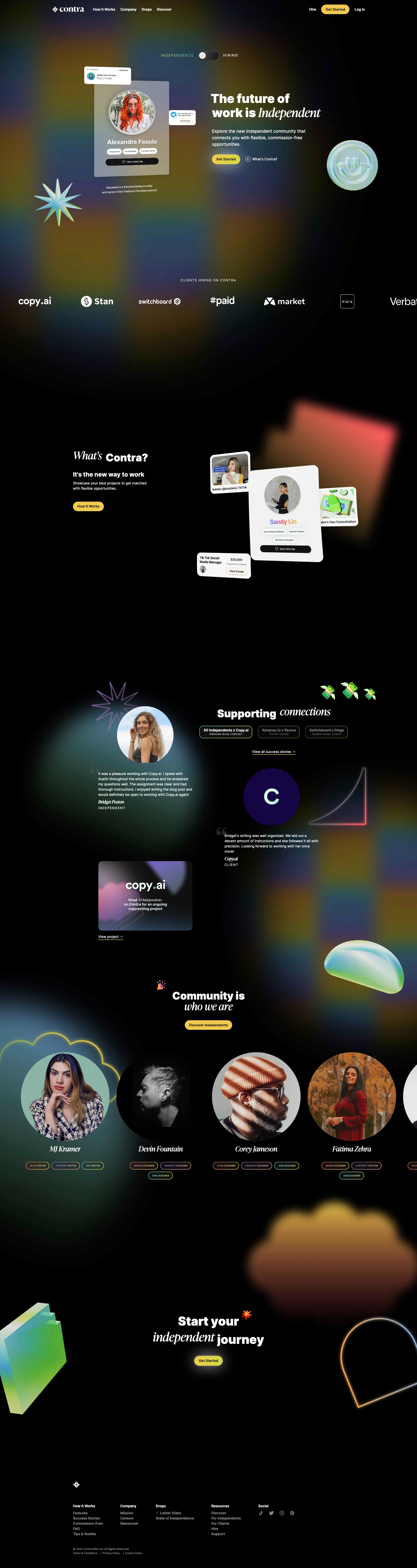 Contra Landing Page Example: Contra is the Independent-first community and hiring platform shaping the future of work — commission-free, always. You bring the skills, we provide the tools and opportunities.