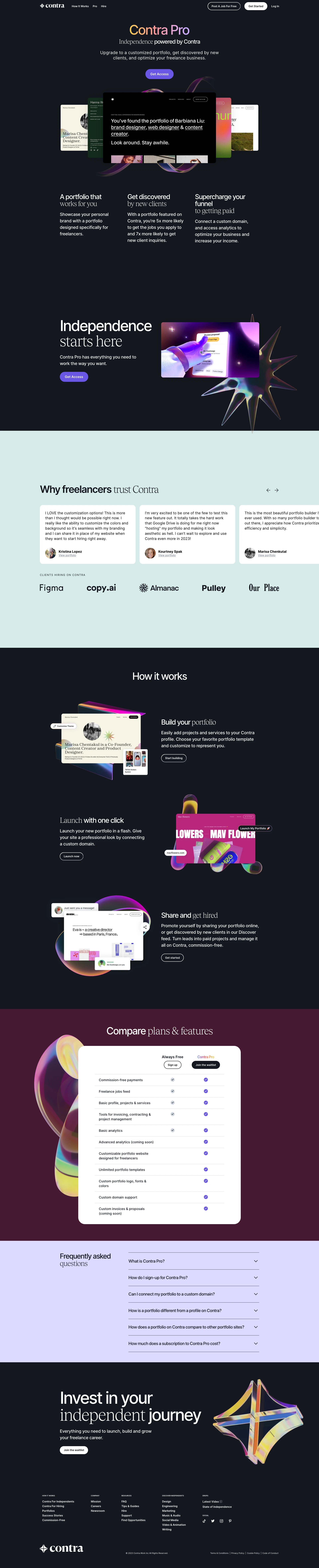 Contra Landing Page Example: Contra is the Independent-first, commission-free freelance marketplace shaping the future of work. You bring the skills, we provide the tools and opportunities.