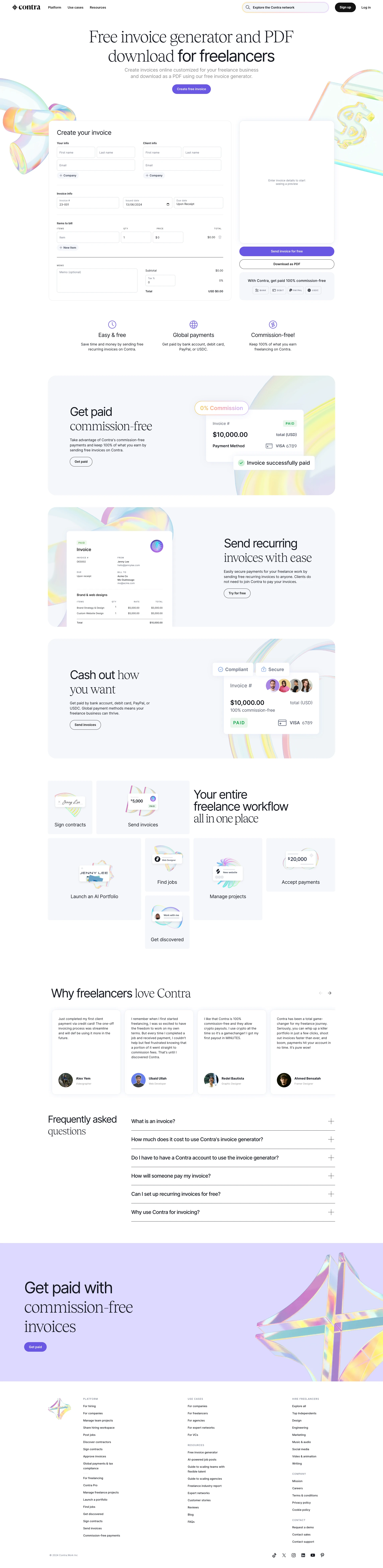 Contra Landing Page Example: The commission-free freelance platform. A new way to work. Build, manage and grow your flexible workforce — all in one place.