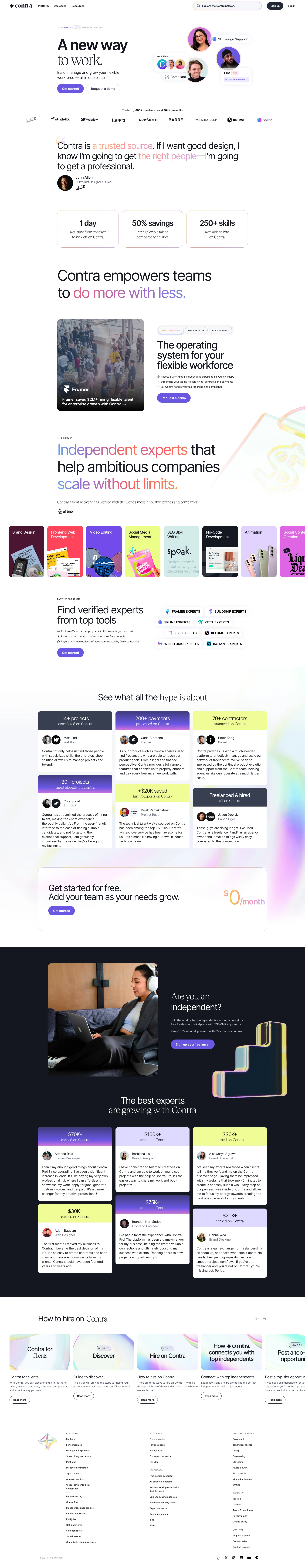 Contra Landing Page Example: The commission-free freelance platform. A new way to work. Build, manage and grow your flexible workforce — all in one place.