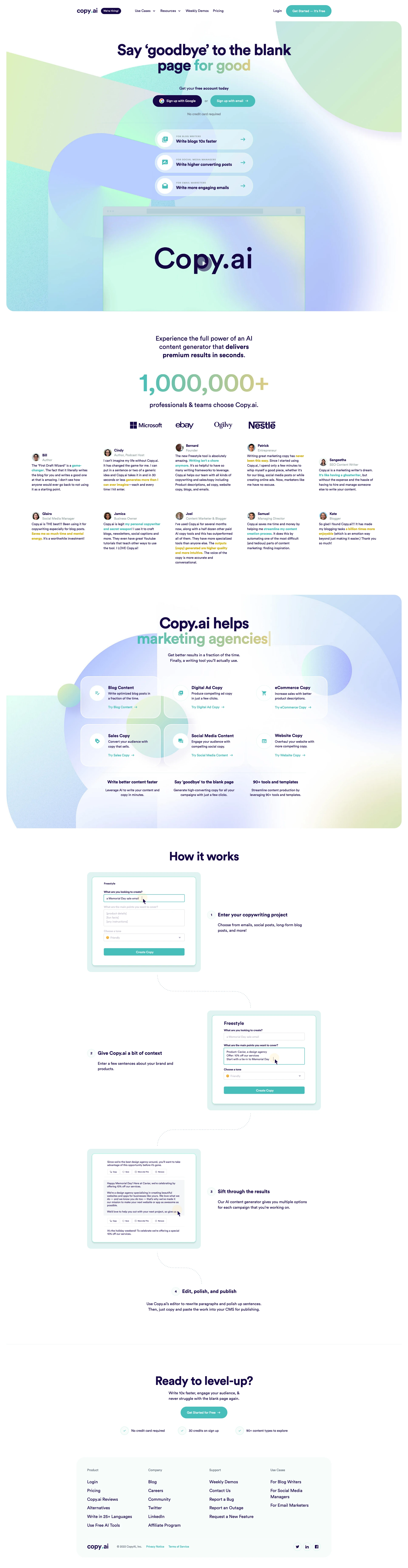 Copy.ai Landing Page Example: Get great copy that sells. Copy.ai is an AI-powered copywriter that generates high-quality copy for your business. Get started for free, no credit card required! Marketing simplified!