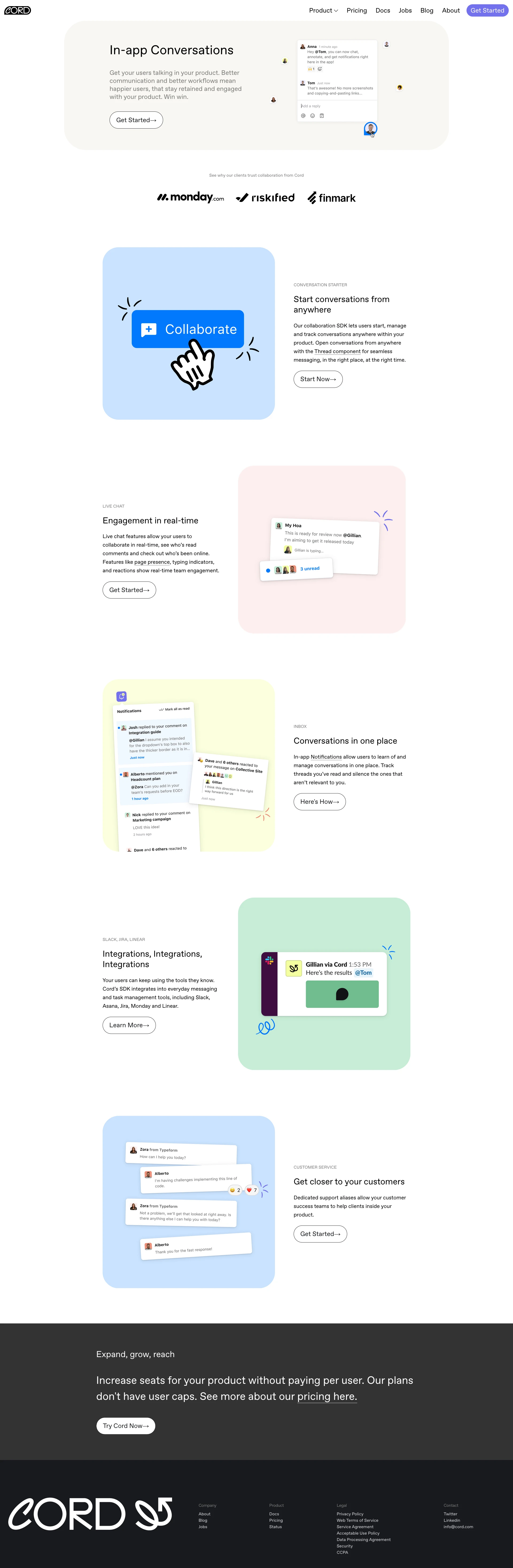 Cord Landing Page Example: Get teams talking in your product. Add collaboration to your product in under an hour. Our SDK helps you re-imagine your app with a rich, real-time collaboration experience - in minutes, not months.
