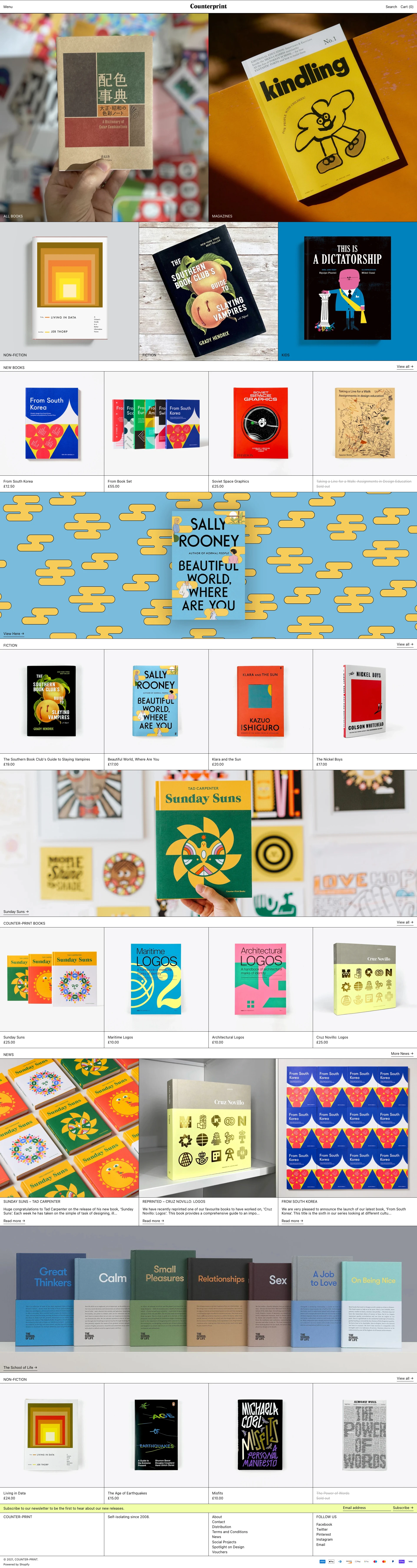 Counter-Print Landing Page Example: Counter-Print is an online book and stationery store, selling new and vintage art, design, illustration, kids, lifestyle books and office supplies.