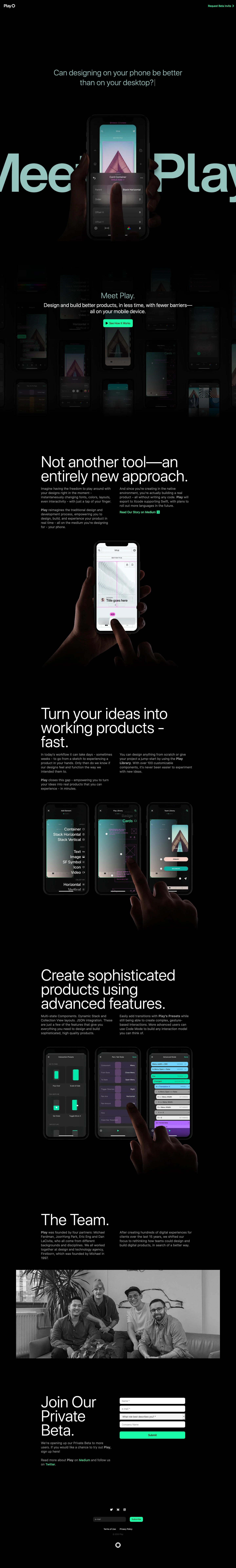Play Landing Page Example: Play empowers you to design, build and launch better mobile products, in less time, with fewer barriers - all on your mobile device.