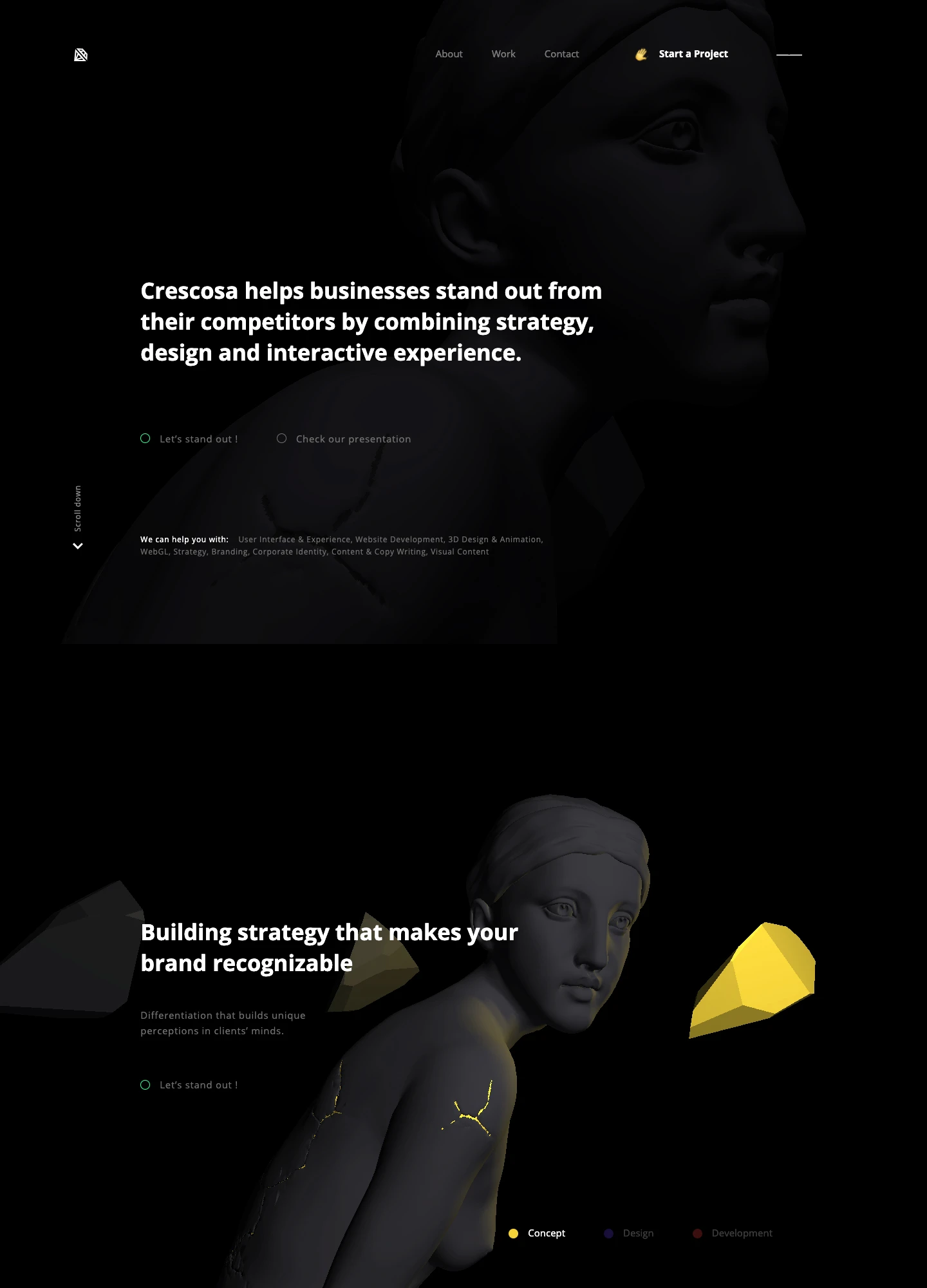 Crescosa Landing Page Example: Crescosa helps businesses stand out from their competitors by combining strategy, design and interactive experience.