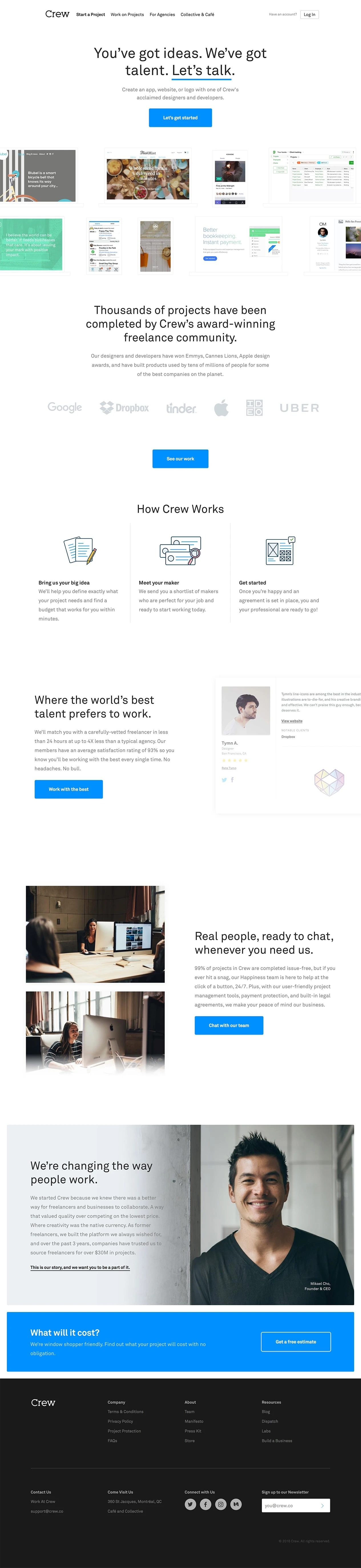 Crew Landing Page Example: Create an app, website, or logo with one of Crew's acclaimed designers and developers.