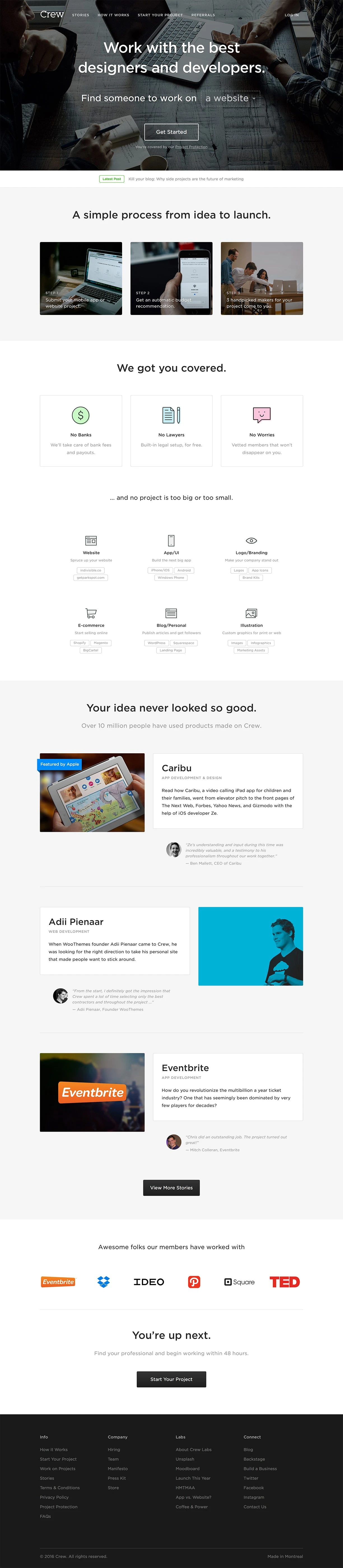 Crew Landing Page Example: Make your dream website, iOS app, Android app, or logo by connecting with our worldwide community of handpicked quality freelance developers and designers.