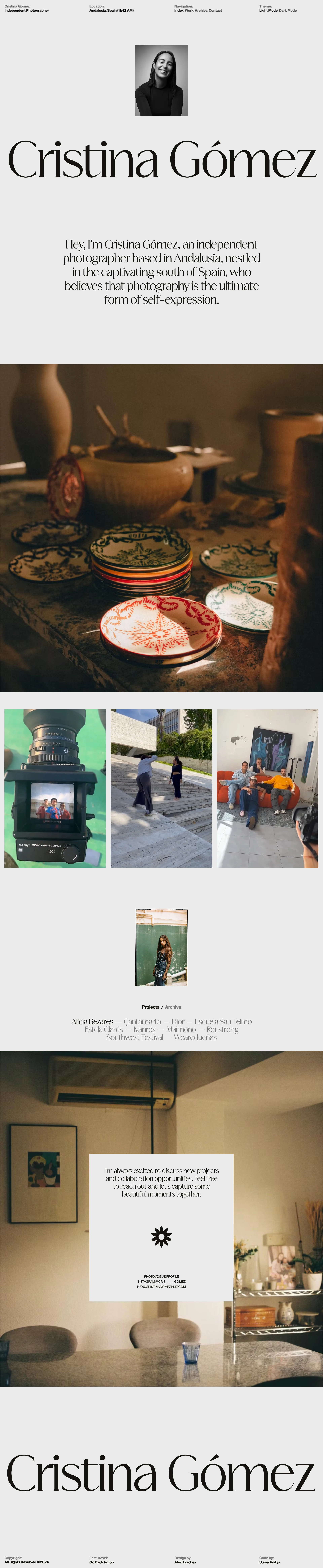 Cristina Gómez Landing Page Example: Cristina Gómez, an independent photographer based in Andalusia, nestled in the captivating south of Spain, who believes that photography is the ultimate form of self-expression.