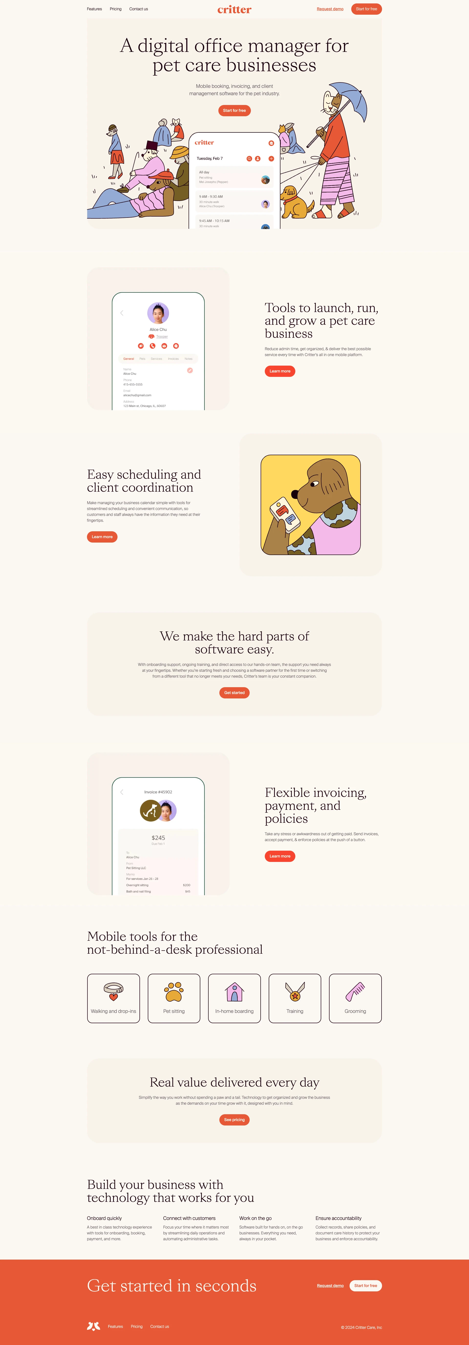 Critter Landing Page Example: The best mobile software for pet care businesses on the go, with tools for scheduling, invoicing, customer management, and communication.