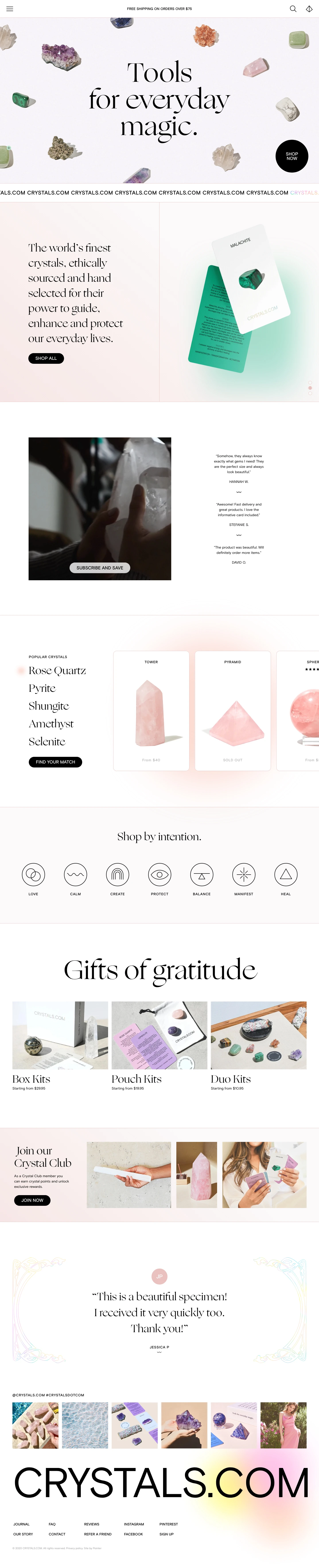 Crystals Landing Page Example: The world’s finest crystals, ethically sourced and hand selected for their power to guide, enhance and protect our everyday lives.