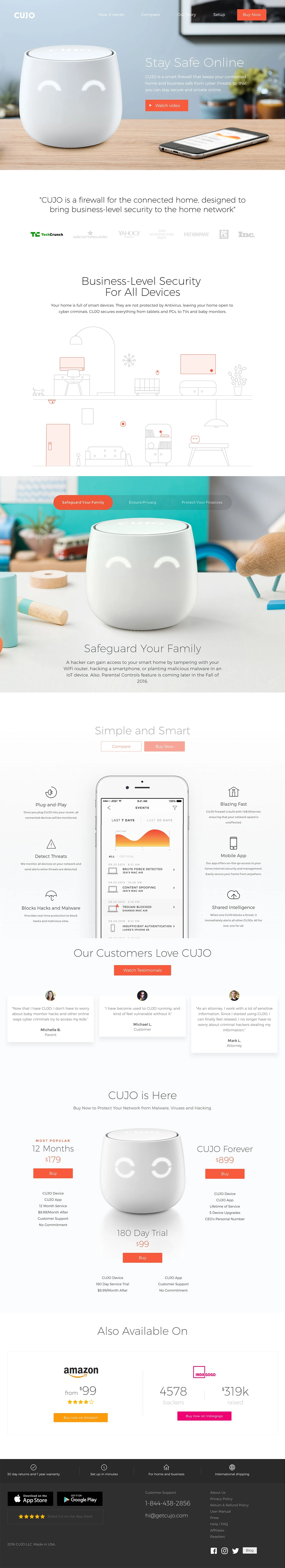 CUJO Landing Page Example: CUJO is a smart firewall that keeps your connected home and business safe from cyber threats  so that you can stay secure and private online.
