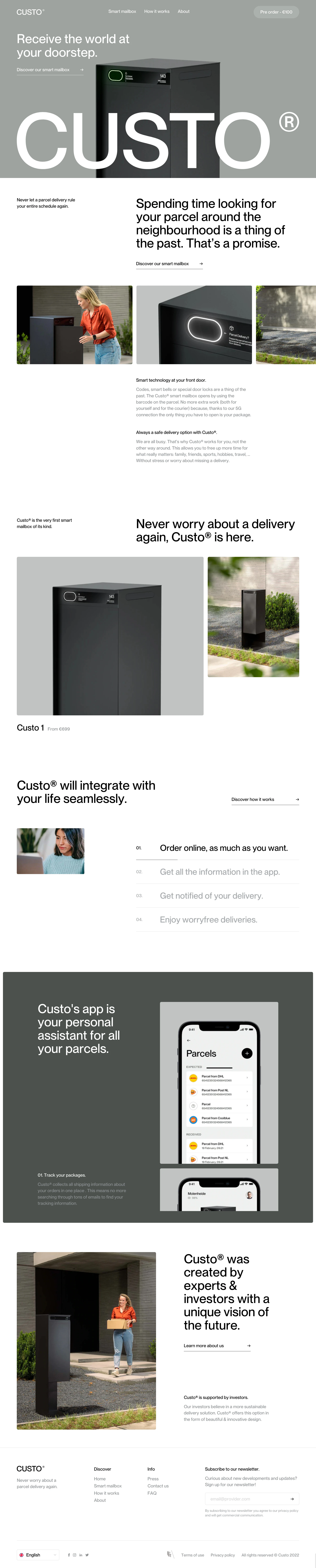 Custo Landing Page Example: Spending time looking for your parcel around the neighbourhood is a thing of the past. That’s a promise.