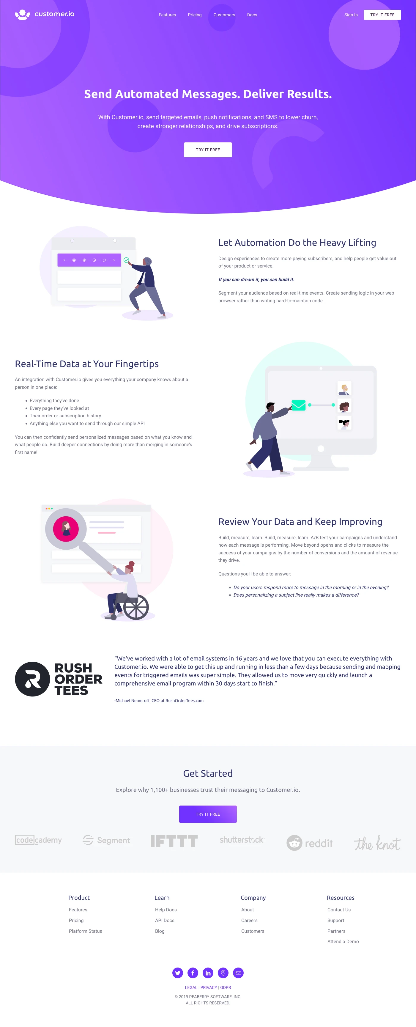 Customer.io Landing Page Example: With Customer.io, send targeted emails, push notifications, and SMS to lower churn, create stronger relationships, and drive subscriptions.