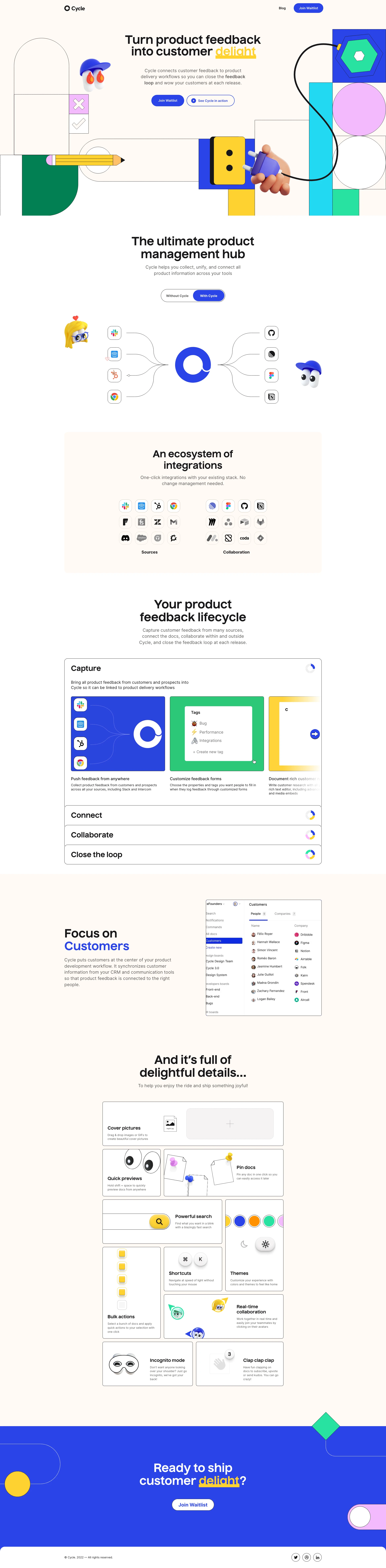 Cycle Landing Page Example: Cycle connects customer feedback to product delivery workflows so you can close the feedback loop and wow your customers at each release.