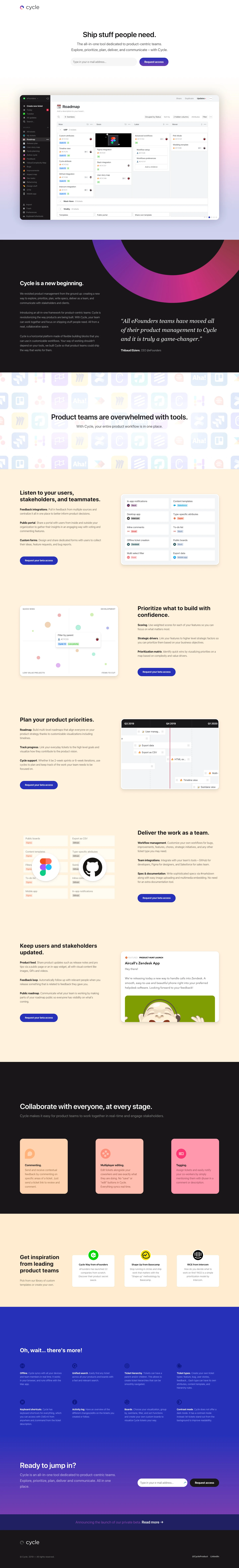 Cycle Landing Page Example: Cycle is an all-in-one tool dedicated to product-centric teams. Explore, prioritize, plan, deliver, and communicate – all in one place.