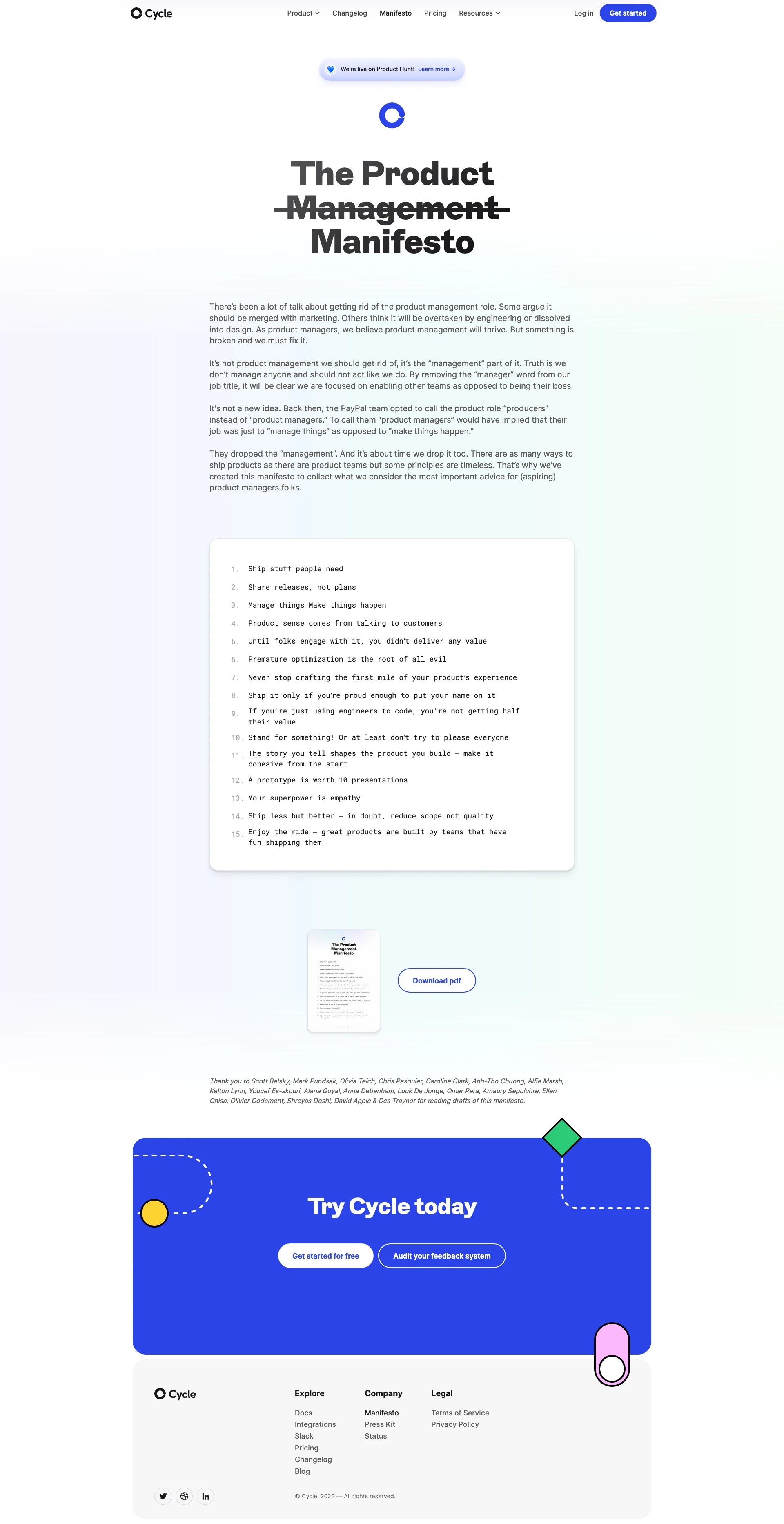 Cycle Landing Page Example: Cycle is the most delightful way to capture feedback, extract insights, create roadmaps, and communicate your releases.