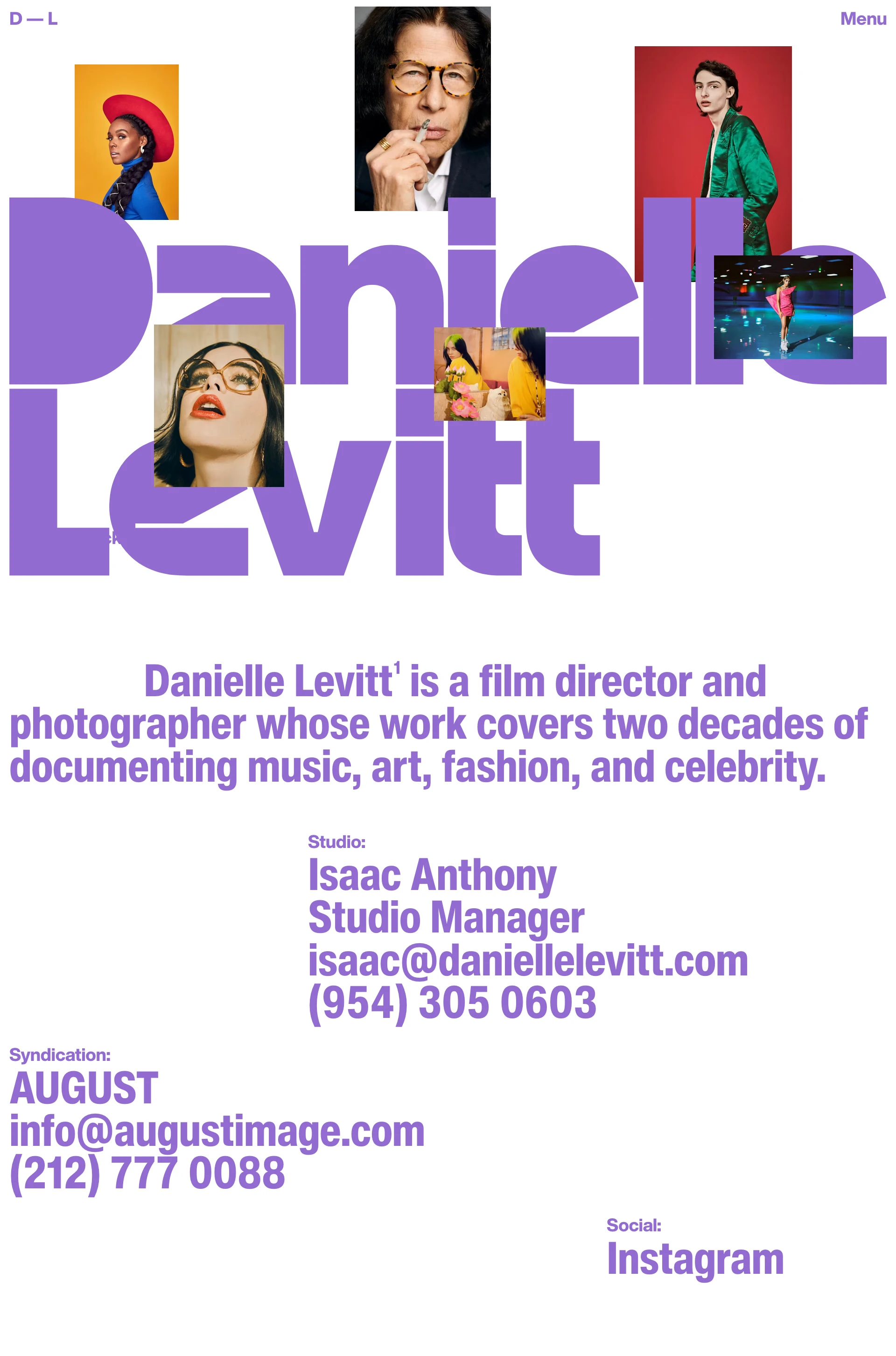 Danielle Levitt Landing Page Example: Danielle Levitt is a film director and classical portrait and fashion photographer.