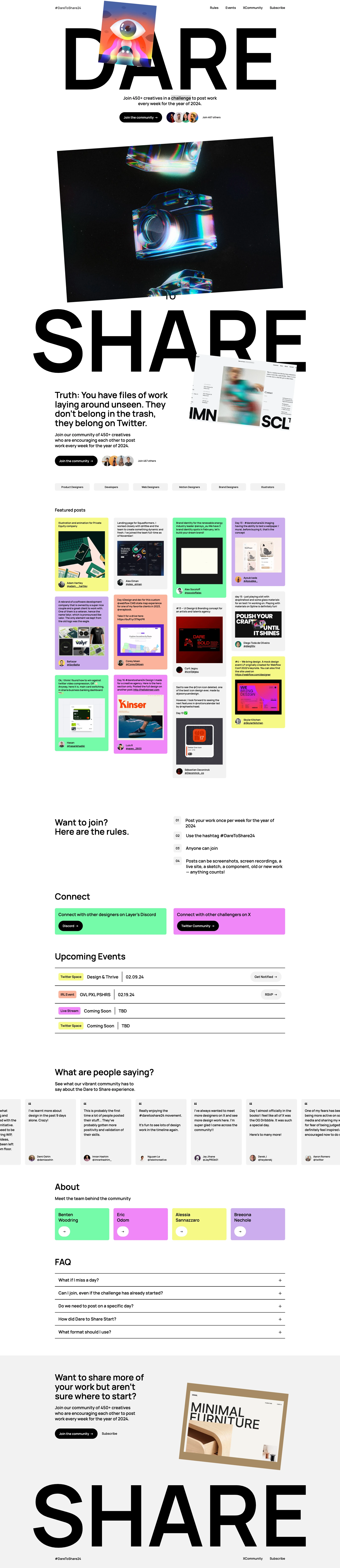 Dare to Share Landing Page Example: Join 400+ creatives in a challenge to post work every week for the year of 2024.