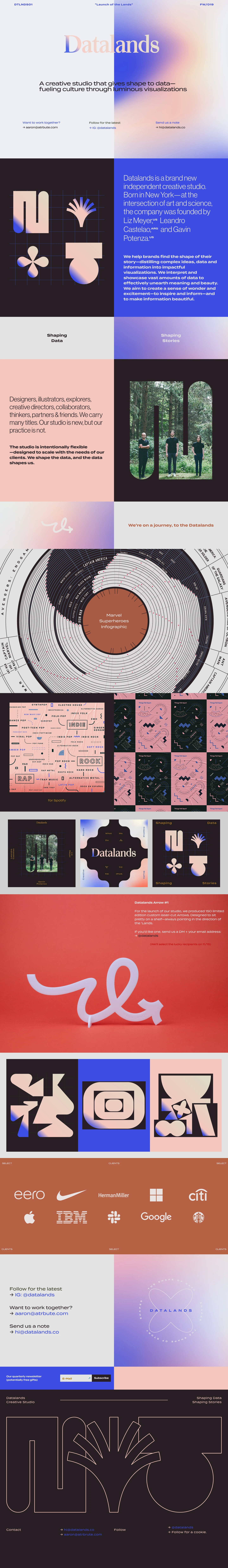 Datalands Landing Page Example: We are Datalands, an independent creative studio in NYC. Specializing in data visualization and infographics, we create clarity, pursue beauty and help brands find the shape of their story.