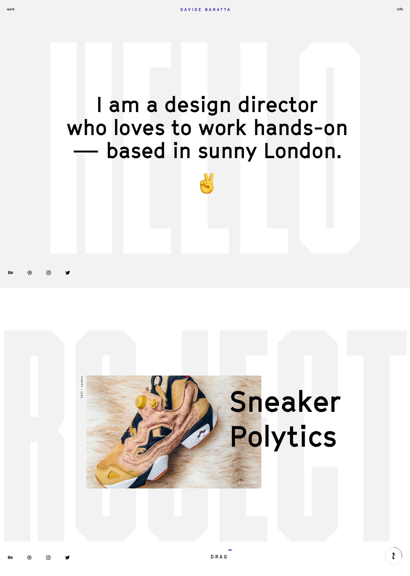 Davide Baratta Landing Page Example: Design director and visual designer based in London. Specialising in identities, typography, and interactive design.