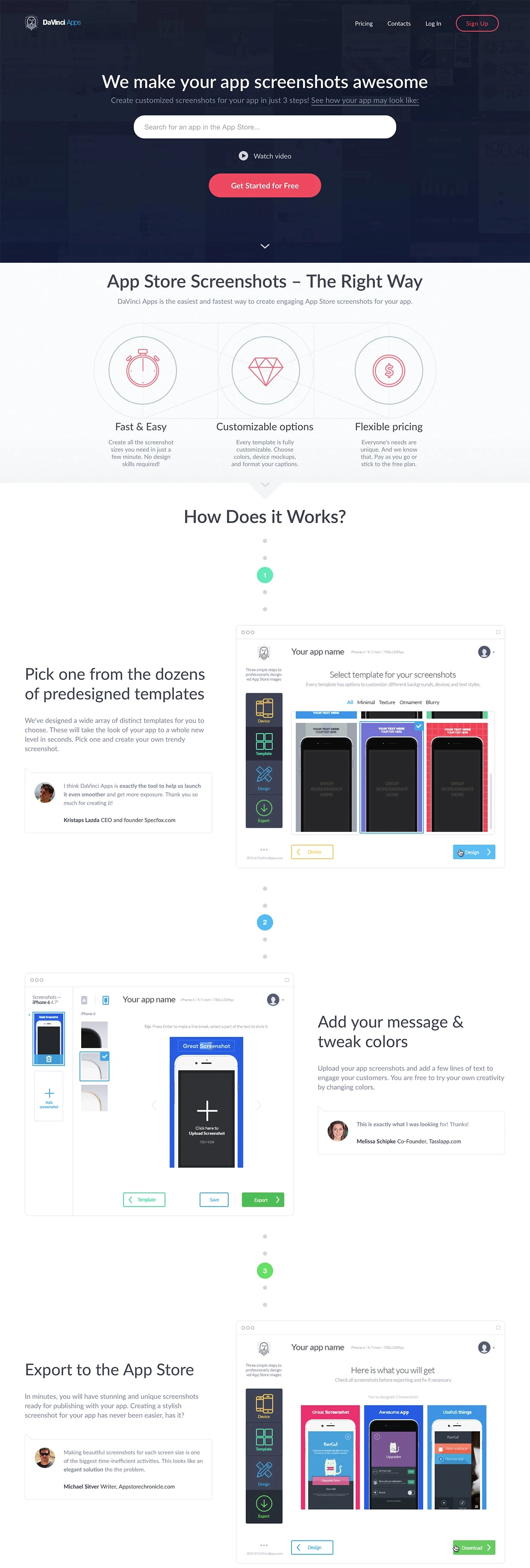 DaVinci Apps Landing Page Example: Pick one of predesigned screenshot templates, add your message, tweak the colors and get app screenshots of ALL required App Store sizes with a click
