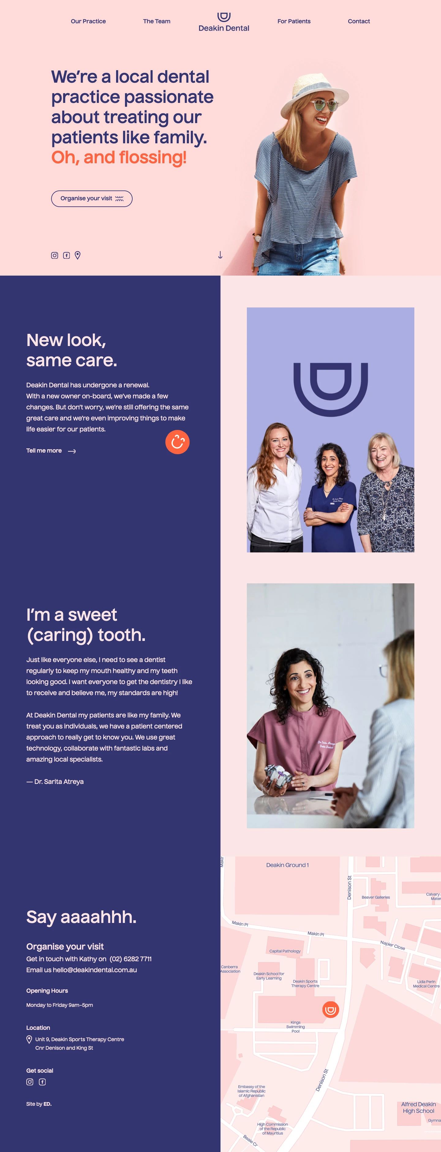 Deakin Dental Landing Page Example: We’re a local dental practice passionate about treating our patients like family.Oh, and flossing!