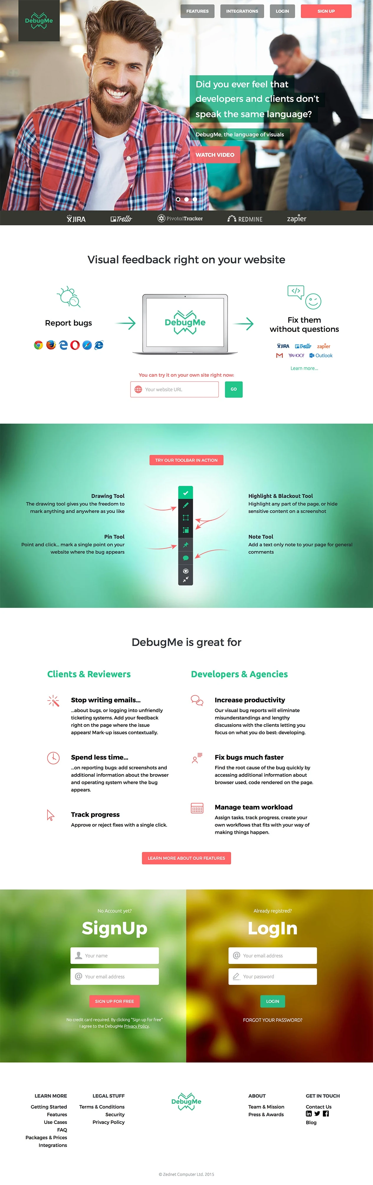 DebugMe Landing Page Example: DebugMe is a simple bug tracker for web designers and developers. Bug tracking, browser testing and giving visual feedback was never easier. Try it for FREE