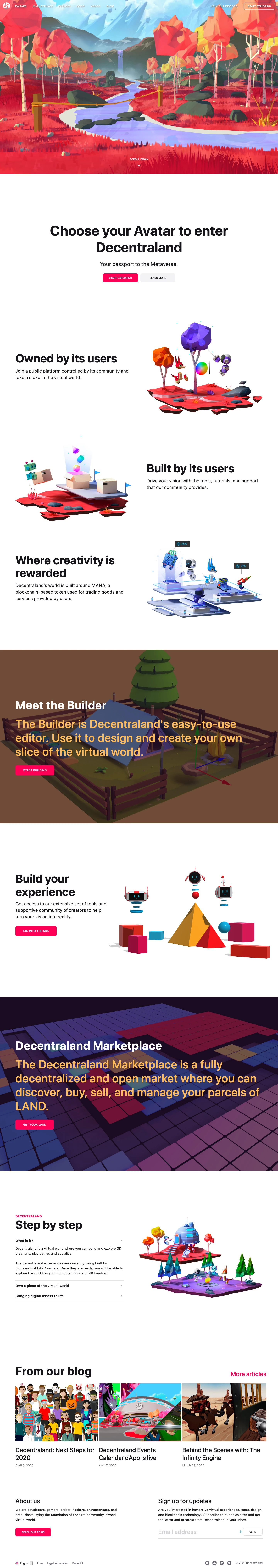 Decentraland Landing Page Example: Decentraland is a virtual world where you can build and explore 3D creations, play games and socialize.