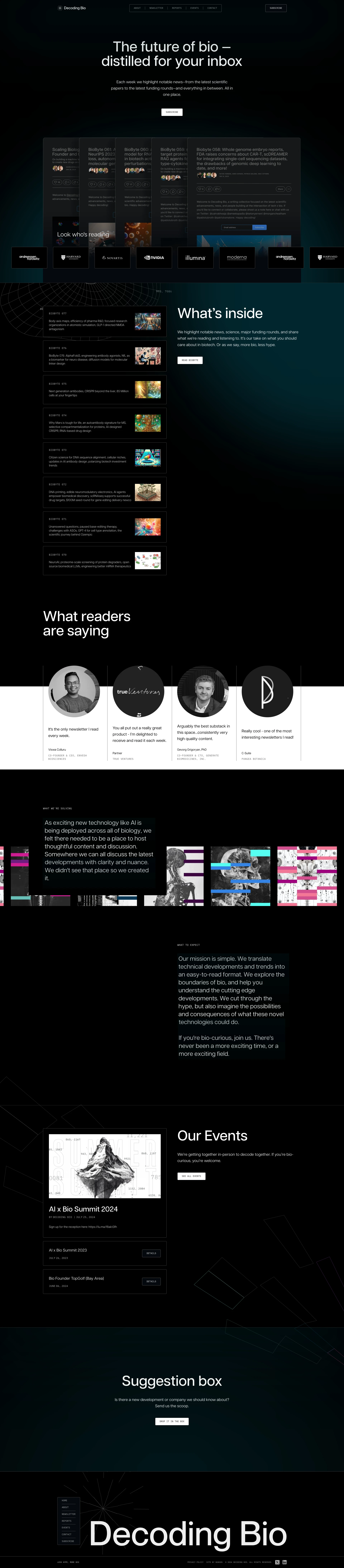Decoding Bio Landing Page Example: Join Decoding Bio, a community of experts exploring cutting-edge biotech and fostering discussions on the latest developments in biology and AI.