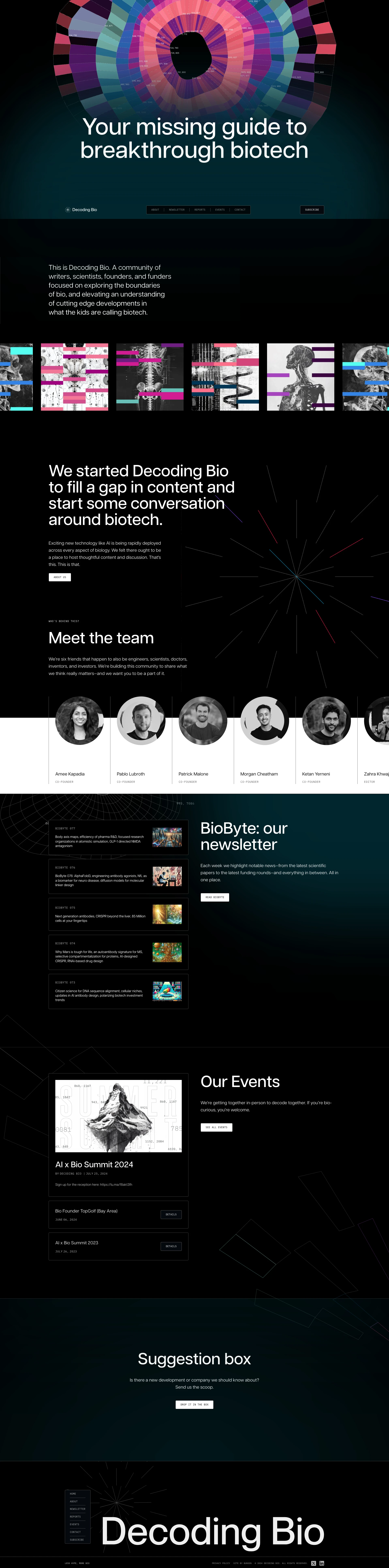 Decoding Bio Landing Page Example: Join Decoding Bio, a community of experts exploring cutting-edge biotech and fostering discussions on the latest developments in biology and AI.