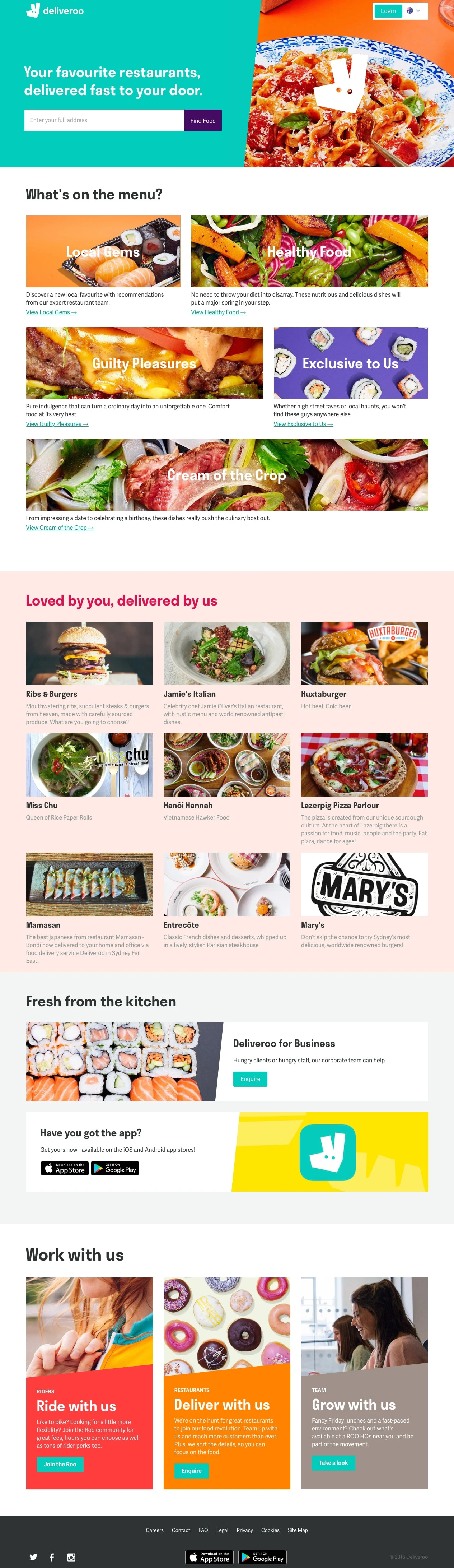 Deliveroo Landing Page Example: Order high-quality takeaway online from top Australian restaurants, fast delivery straight to your home or office