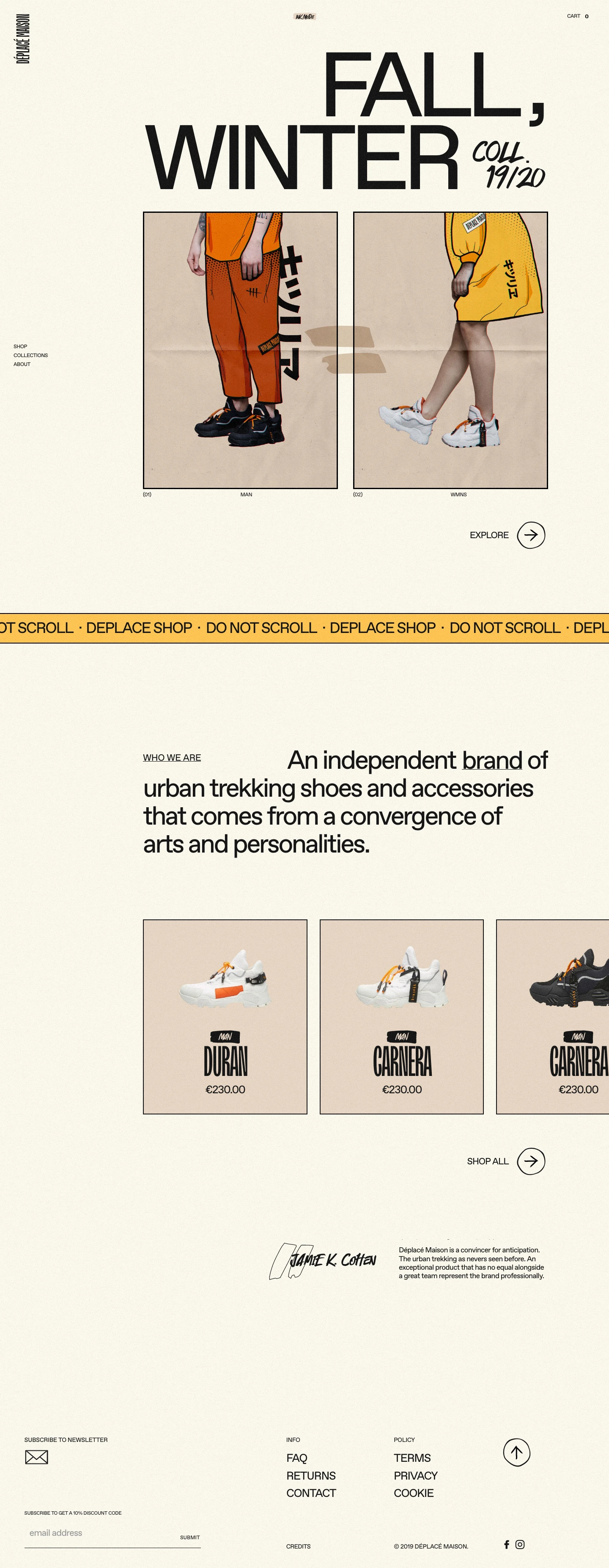 Déplacé Maison Landing Page Example: Déplacé Maison is an independent brand of urban trekking shoes and accessories that comes from a convergence of arts and personalities.