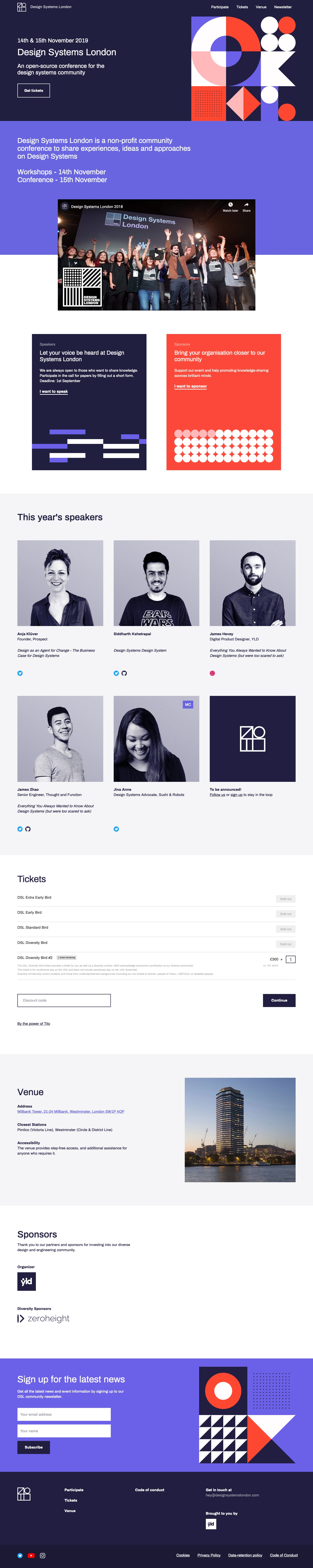 Design Systems London Landing Page Example: Design Systems London is a non-profit community conference to share experiences, ideas and approaches on Design Systems