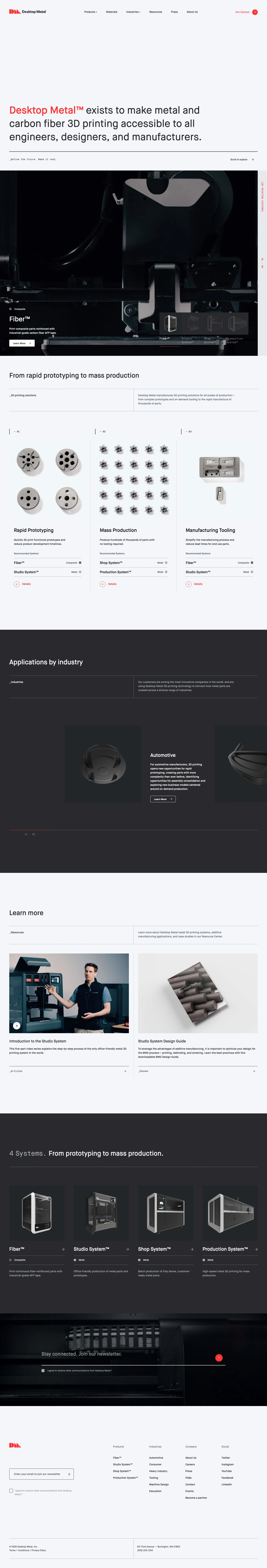 Desktop Metal Landing Page Example: Desktop Metal exists to make metal and carbon fiber 3D printing accessible to all engineers, designers, and manufacturers.