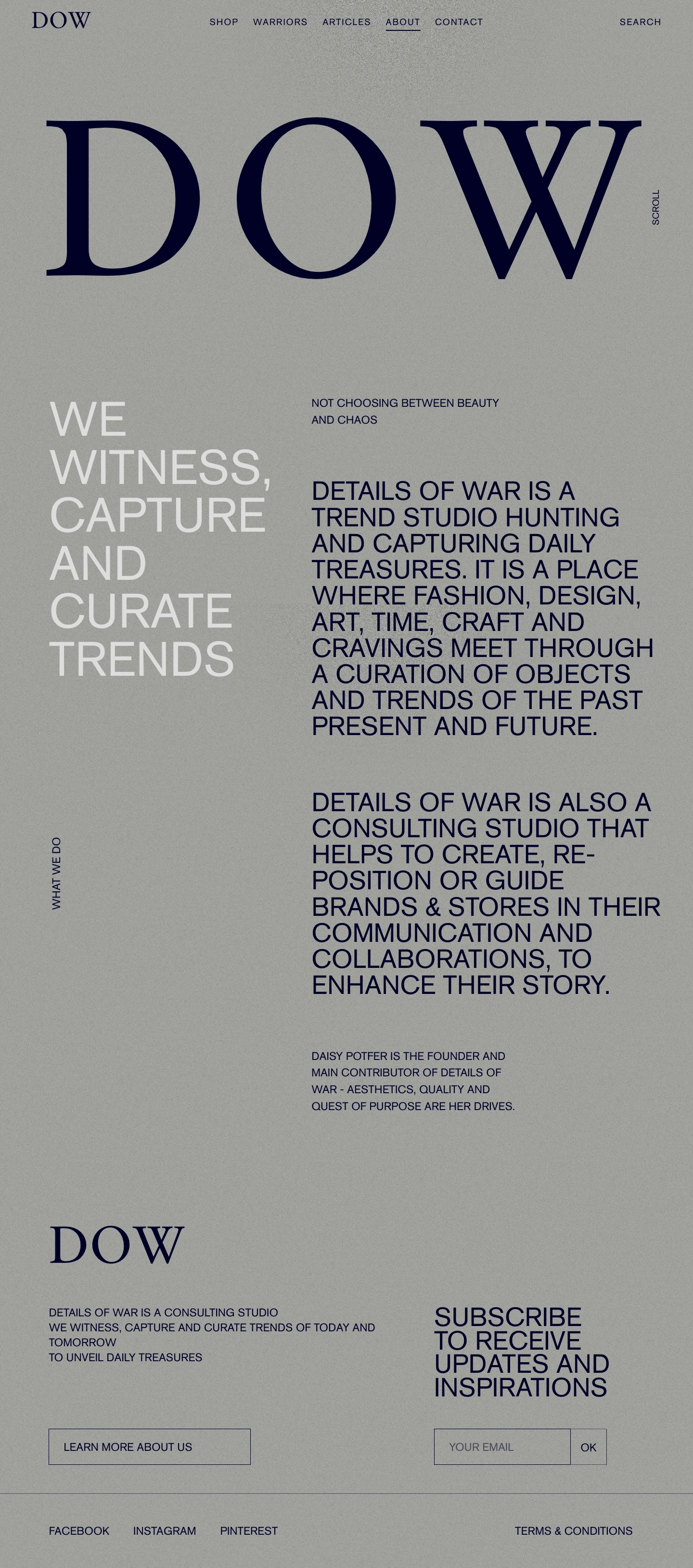 Details of war Landing Page Example: Details of war is a consulting studio. We witness, capture and curate trends of today and tomorrow.