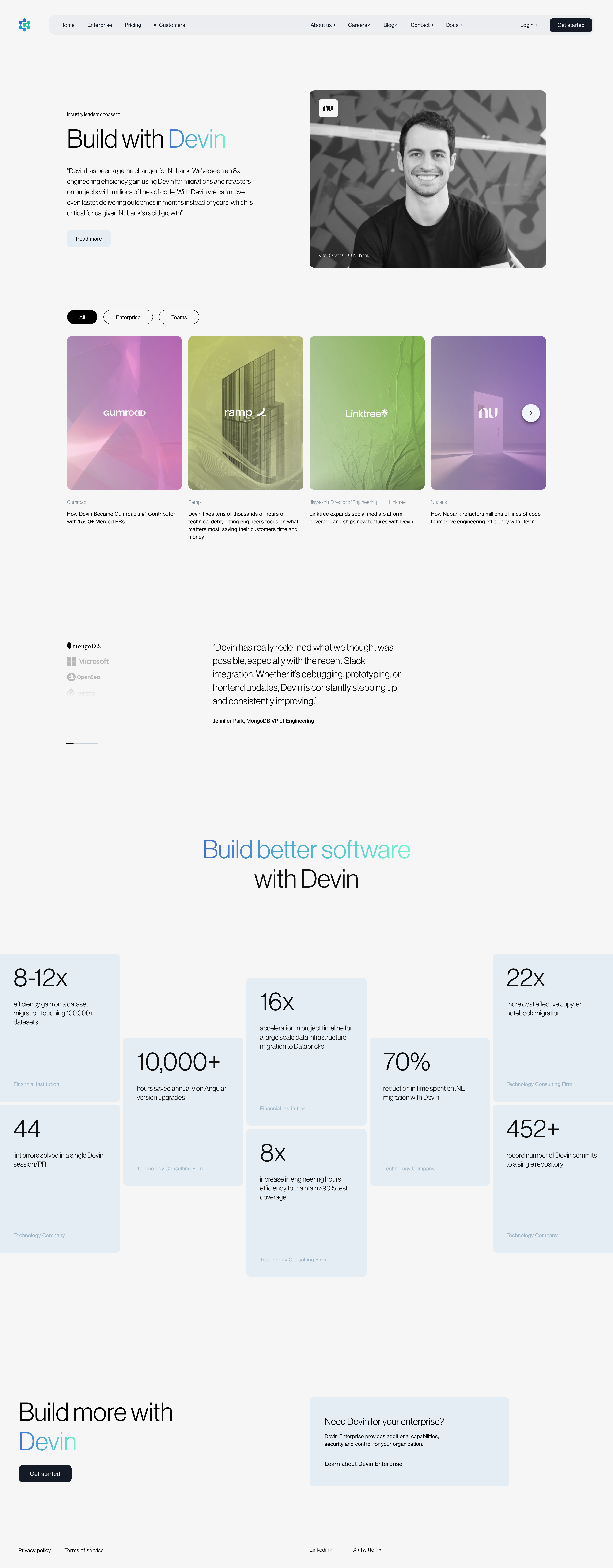 Devin Landing Page Example: Devin is a collaborative AI teammate built to help ambitious engineering teams achieve more.