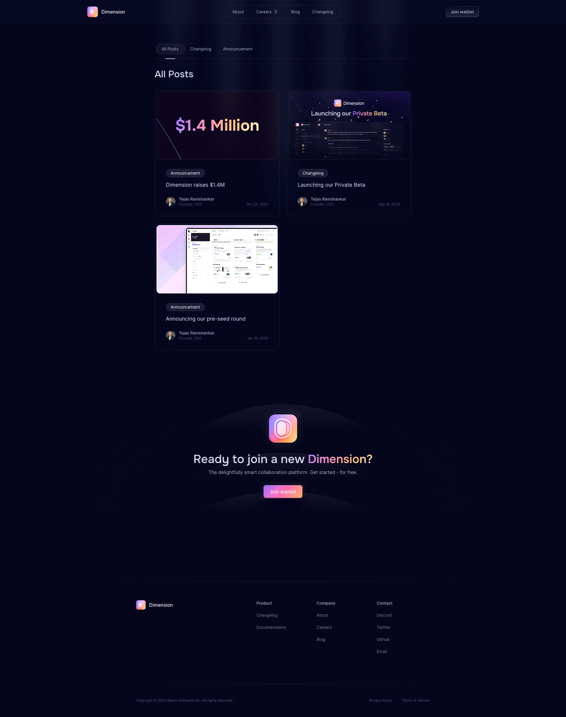Dimension Landing Page Example: The state of the art collaboration platform for modern engineering teams. Chat, deployments, code, issue tracking and more, accelerated by AI.