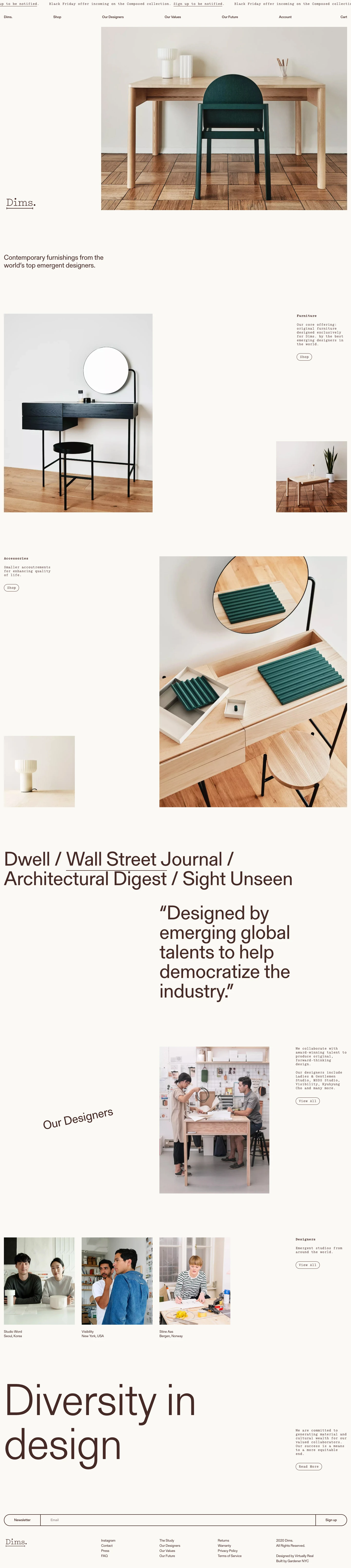 Dims. Landing Page Example: Contemporary furnishings from the best emergent designers in the world.