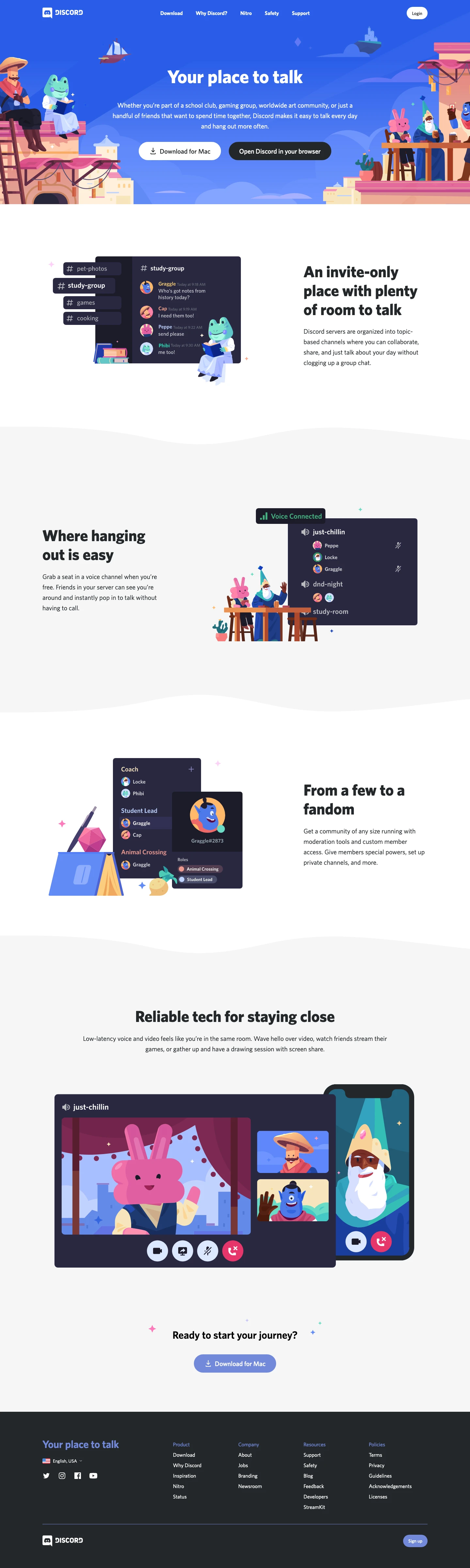 Discord Landing Page Example: Your place to talk. Whether you’re part of a school club, gaming group, worldwide art community, or just a handful of friends that want to spend time together, Discord makes it easy to talk every day and hang out more often.