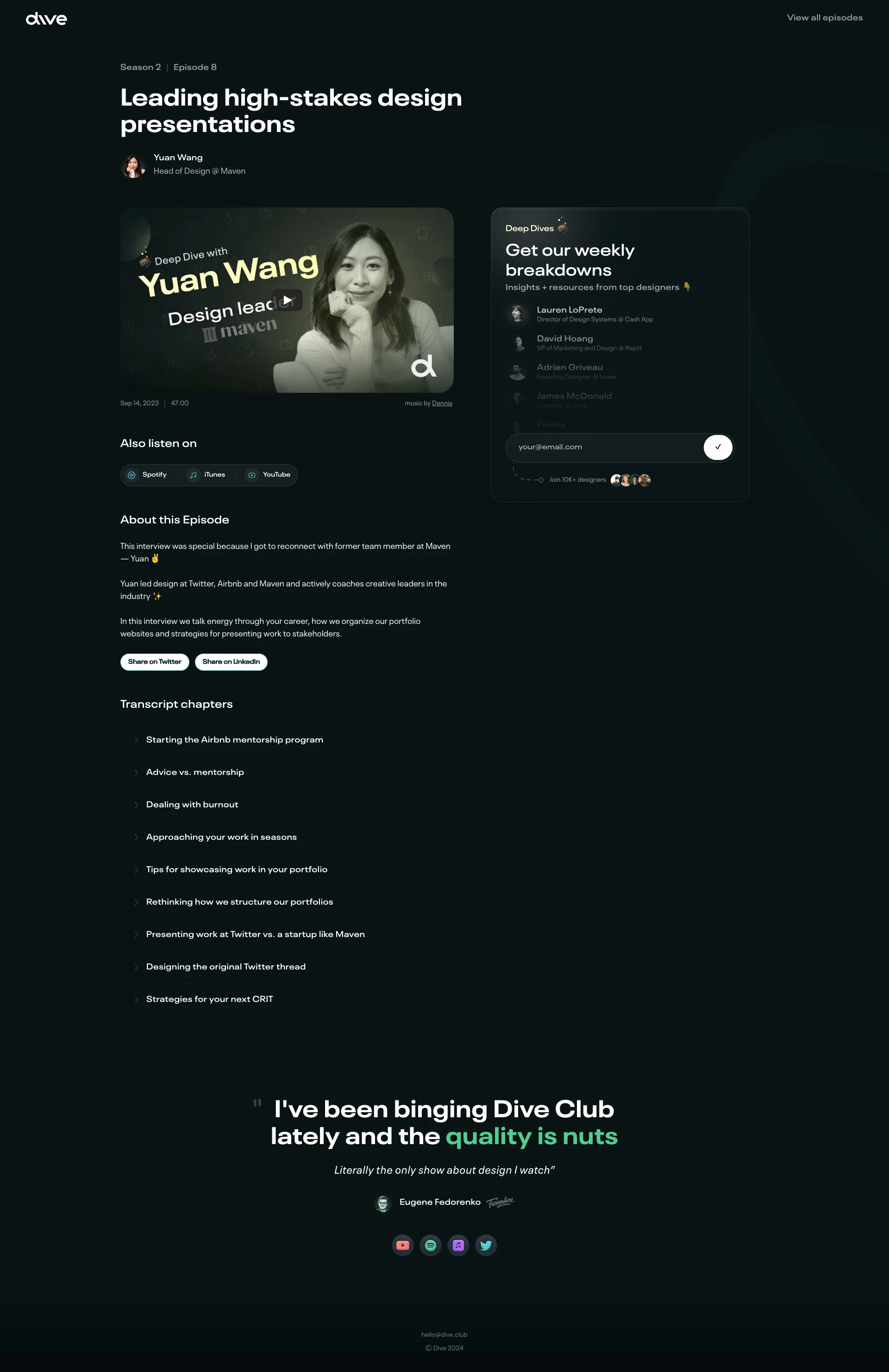 Dive Landing Page Example: Dive Club is a podcast and email series that unlocks knowledge from designers and leaders at today's top teams