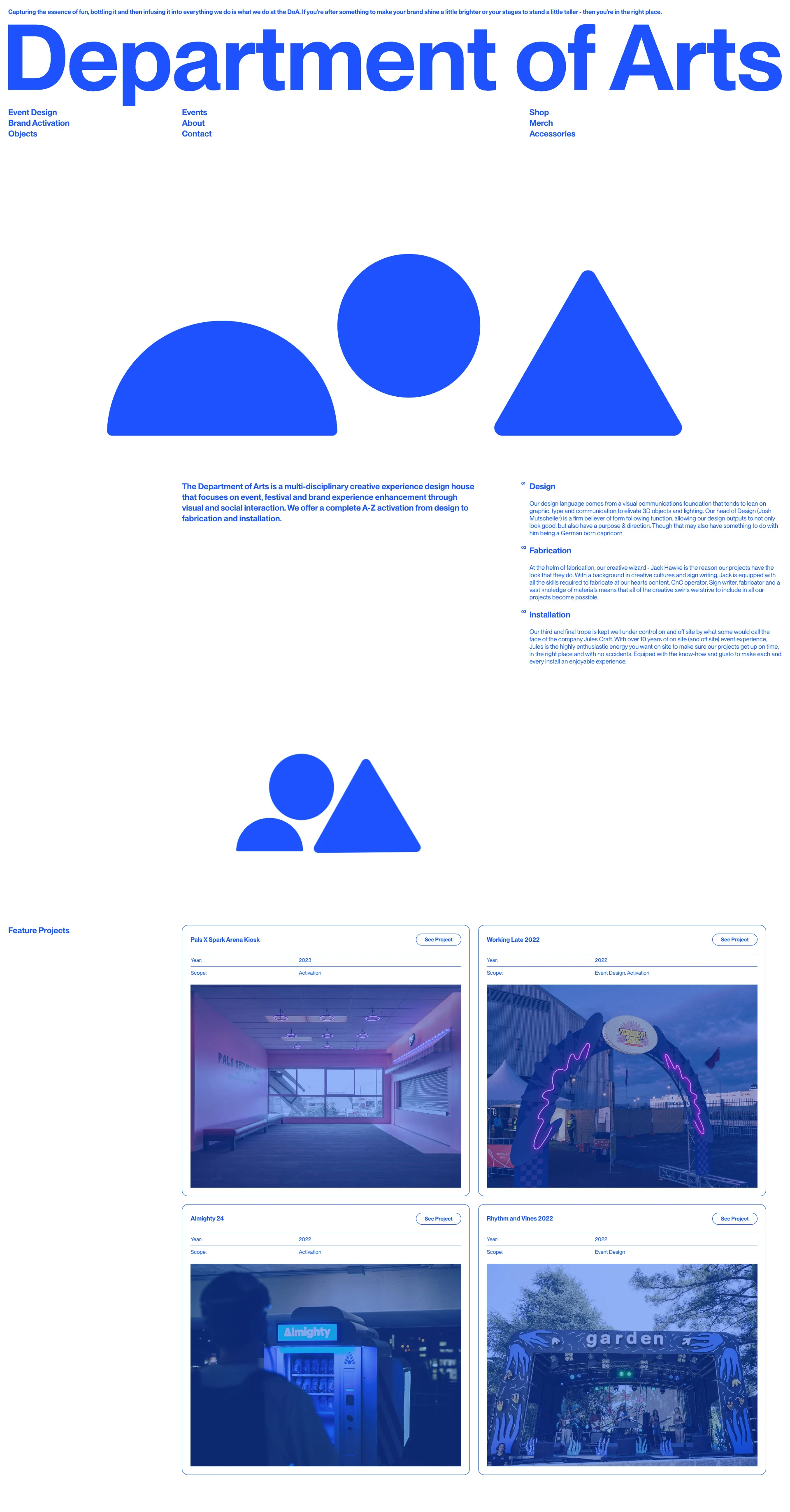 DoA Landing Page Example: A multi-disciplinary creative experience design house that focuses on event, festival and brand experience enhancement through visual and social interaction.