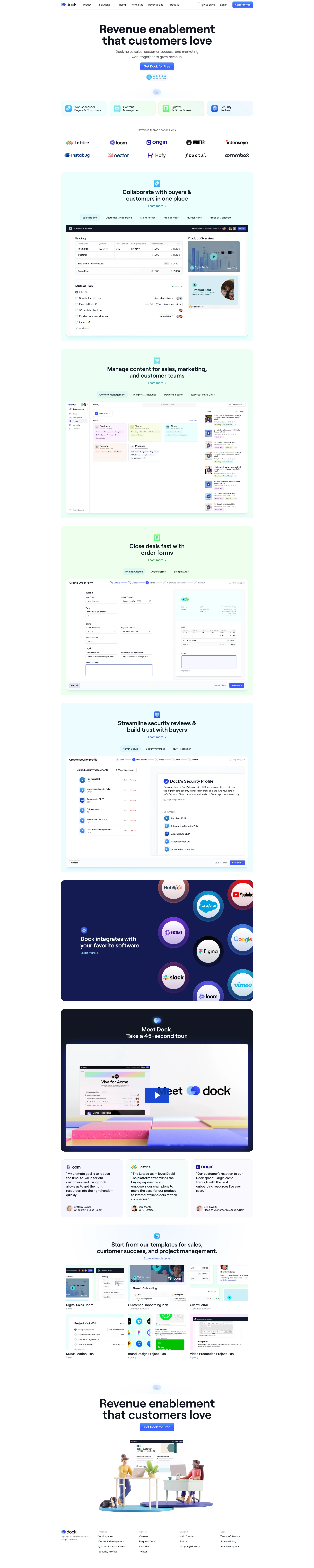 Dock Landing Page Example: Revenue enablement that customers love. Dock helps sales, customer success, and marketing work together to grow revenue.