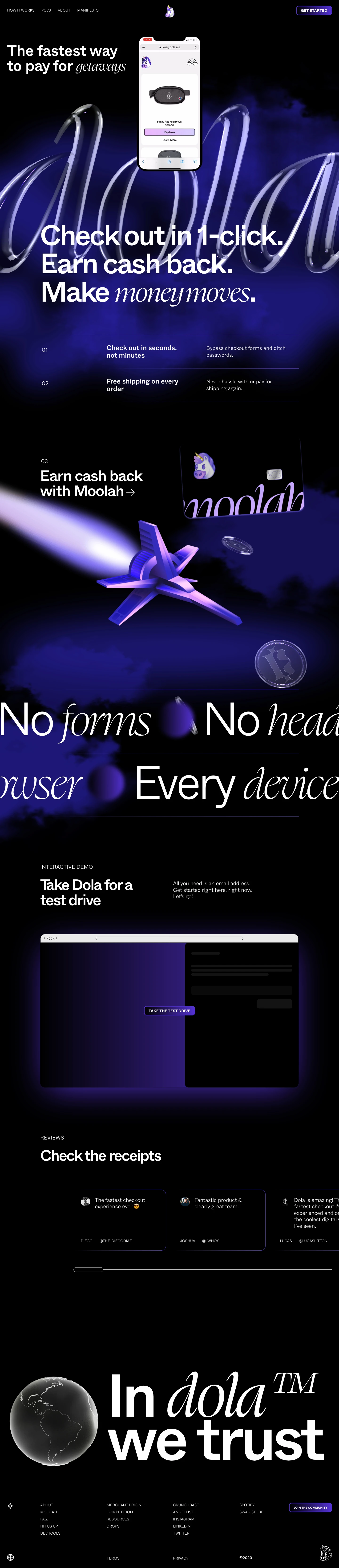 Dola Landing Page Example: Dola is a digital wallet with a 1-click checkout. Unlike Apple, Google, or Shop Pay, Dola works on every browser and device.