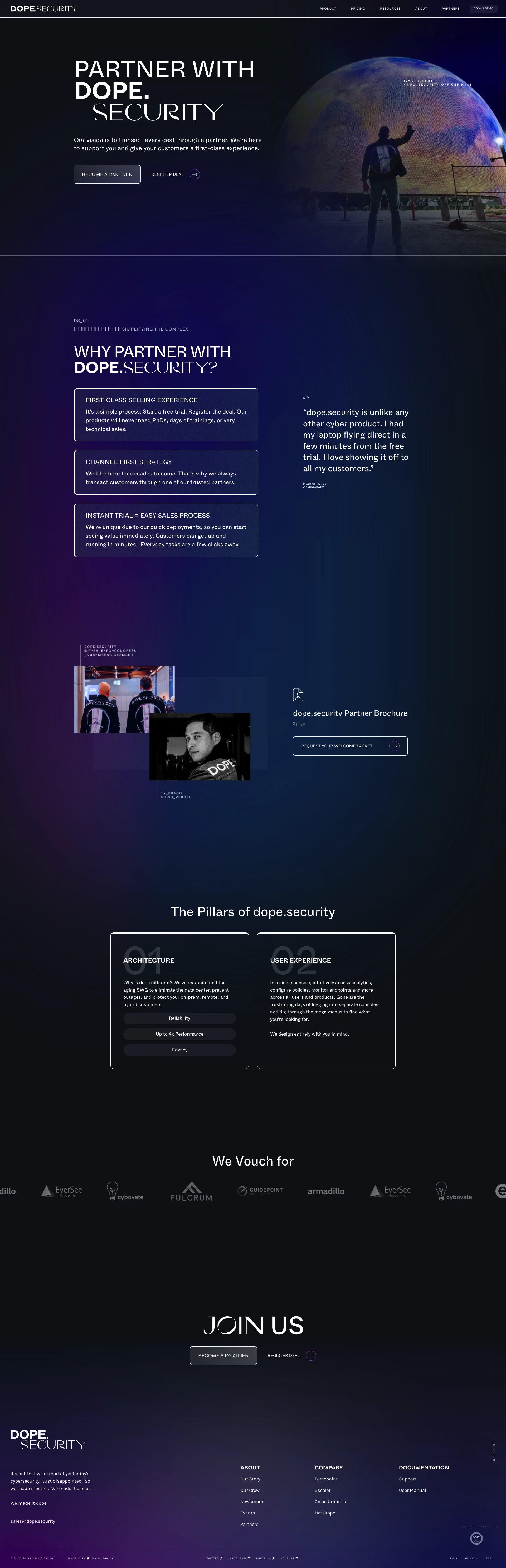 Dope Security Landing Page Example: dope.security provides secure direct internet access via an on-device proxy with local SSL traffic inspection, paired with AI-powered DLP monitoring.