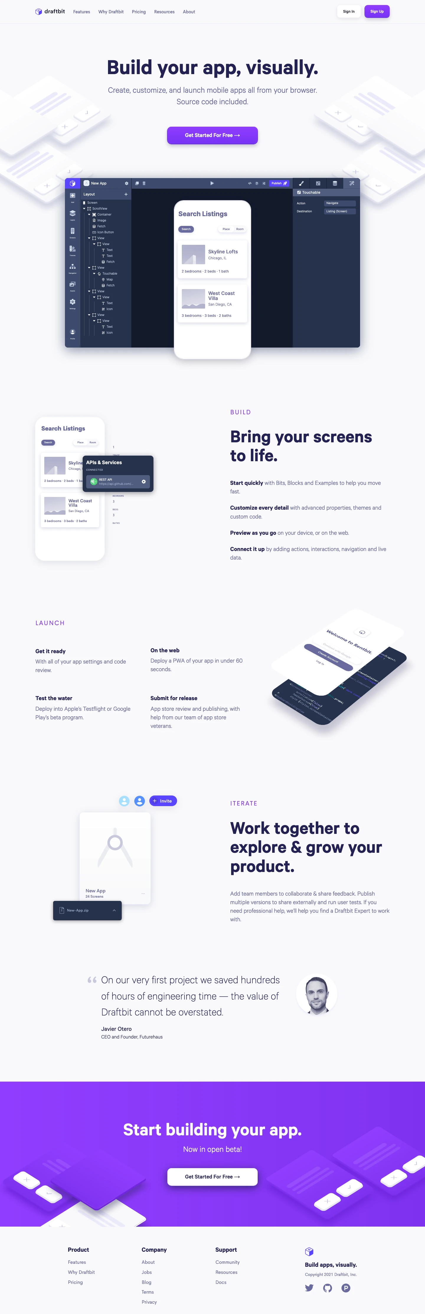 Draftbit Landing Page Example: Build your app, visually. Create, customize, and launch mobile apps all from your browser. Source code included.