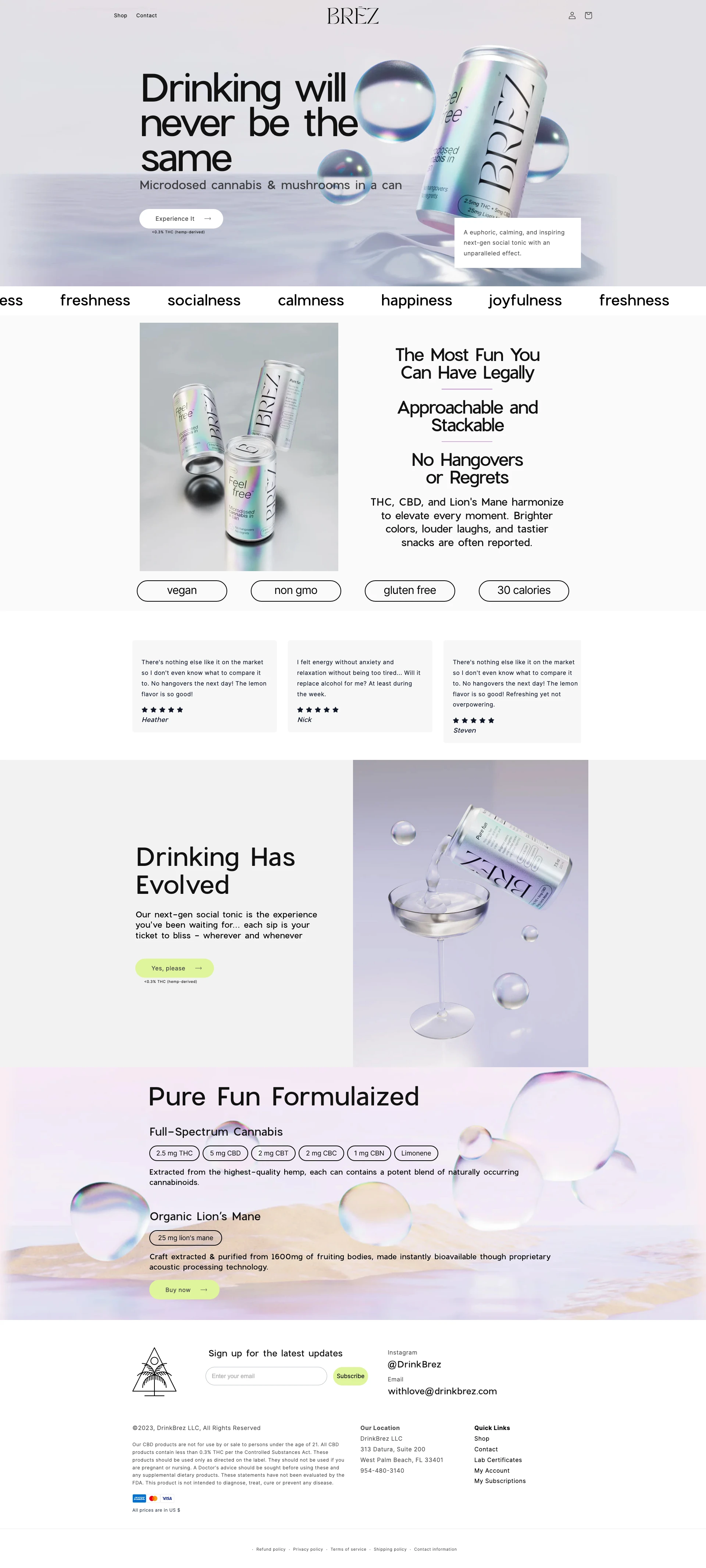 BRĒZ Landing Page Example: Drinking will never be the same. Microdosed cannabis & mushrooms in a can.